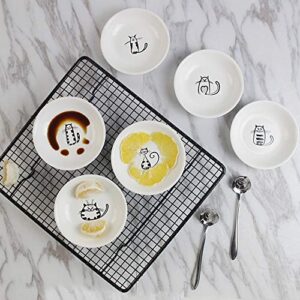 FUYU 6pcs Cute Cat Ceramic Sauce Dish Seasoning Dish Dessert Plate Snack Plate Side Dish, 4 inches