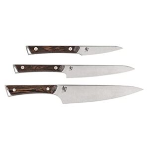 shun cutlery kanso 3 piece starter knife set, kitchen knife set, includes 8" chef's knife, 3.5" paring knife, and 6" utility knife, handcrafted japanese kitchen knives