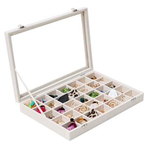 mebbay 35 grid velvet jewelry tray organizer felt jewelry box tray holder with clear lid for drawer, stud earring necklace bracelet ring healing stones storage (creamy white), 13.8" x 9.4" x 2"