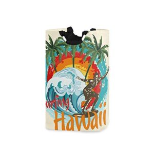 man surfing hawaii beach ocean tropical palm trees waterproof laundry hamper holder, large collapsible dirty clothes laundry bag basket, fabric foldable durable storage bin organizer with handles