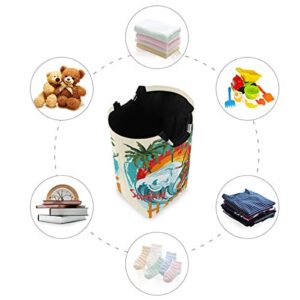 Man Surfing Hawaii Beach Ocean Tropical Palm Trees Waterproof Laundry Hamper Holder, Large Collapsible Dirty Clothes Laundry Bag Basket, Fabric Foldable Durable Storage Bin Organizer With Handles