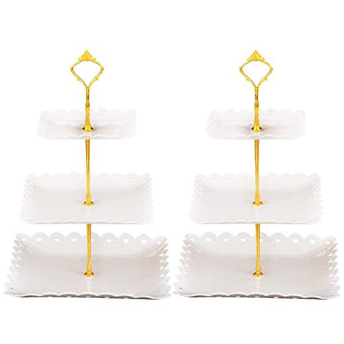 Agyvvt Set of 2 Pcs 3-Tier Plastic Dessert Stand Square Cupcake Serving Tray for Home Wedding Birthday Party (White)