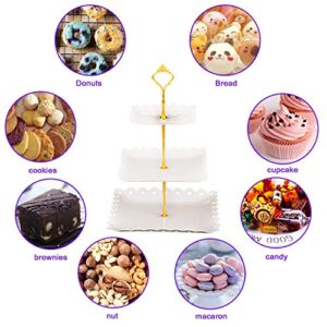 Agyvvt Set of 2 Pcs 3-Tier Plastic Dessert Stand Square Cupcake Serving Tray for Home Wedding Birthday Party (White)