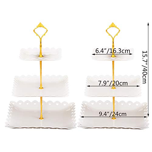 Agyvvt Set of 2 Pcs 3-Tier Plastic Dessert Stand Square Cupcake Serving Tray for Home Wedding Birthday Party (White)