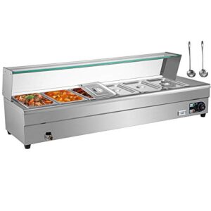 vevor 110v bain marie food warmer 6 pan x 1/3 gn, food grade stainelss steel commercial food steam table 6-inch deep, 1500w electric countertop food warmer 42 quart with tempered glass shield