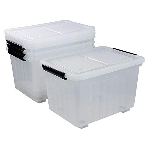 Rinboat 4-Pack Large Plastic Storage Box with Wheels, Clear Storage Latch Bins, 30 L