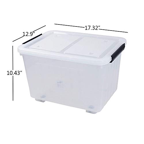 Rinboat 4-Pack Large Plastic Storage Box with Wheels, Clear Storage Latch Bins, 30 L