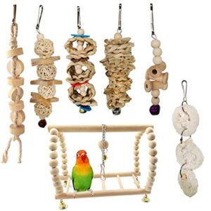 n / a 7/8 pcs bird toys, parrot natural wood hanging swing standing climbing chewing perch hammock rope ladder bell bird cage toys for parrots, love birds, parakeet, mynah, conure, cockatiel