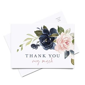 bliss collections thank you postcards, navy floral, cards for weddings, receptions, baby or bridal showers, birthdays, graduations, parties, celebrations or special events, 4"x6" (50 cards)