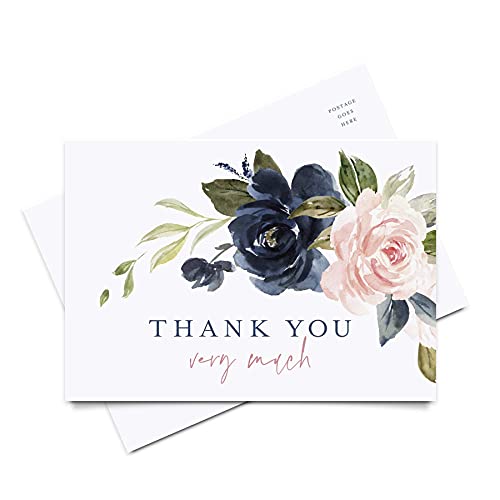 Bliss Collections Thank You Postcards, Navy Floral, Cards for Weddings, Receptions, Baby or Bridal Showers, Birthdays, Graduations, Parties, Celebrations or Special Events, 4"x6" (50 Cards)