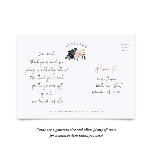 Bliss Collections Thank You Postcards, Navy Floral, Cards for Weddings, Receptions, Baby or Bridal Showers, Birthdays, Graduations, Parties, Celebrations or Special Events, 4"x6" (50 Cards)