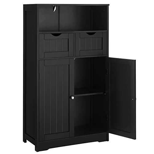 Iwell Large Bathroom Cabinet, Bathroom Storage Cabinet with 2 Drawers & 2 Shelves, Bathroom Floor Cabinet with 2 Doors for Living Room, Bedroom, Kitchen, Black