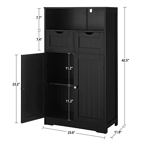 Iwell Large Bathroom Cabinet, Bathroom Storage Cabinet with 2 Drawers & 2 Shelves, Bathroom Floor Cabinet with 2 Doors for Living Room, Bedroom, Kitchen, Black