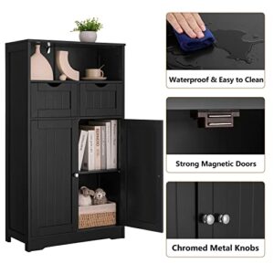 Iwell Large Bathroom Cabinet, Bathroom Storage Cabinet with 2 Drawers & 2 Shelves, Bathroom Floor Cabinet with 2 Doors for Living Room, Bedroom, Kitchen, Black