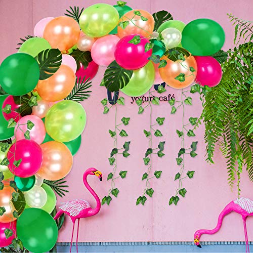 FEPITO 124Pcs Tropical Balloons Garland Kit Pink Green Balloon Arch Garland with Tropical Palm Leaves, Balloon Tape Strip, Dot Glue and Tying Tool for Tropical Party Decor, Birthday Party Supplies