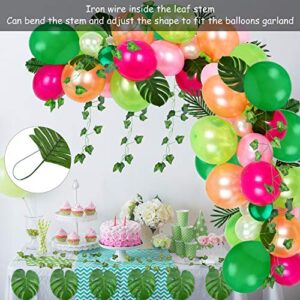 FEPITO 124Pcs Tropical Balloons Garland Kit Pink Green Balloon Arch Garland with Tropical Palm Leaves, Balloon Tape Strip, Dot Glue and Tying Tool for Tropical Party Decor, Birthday Party Supplies