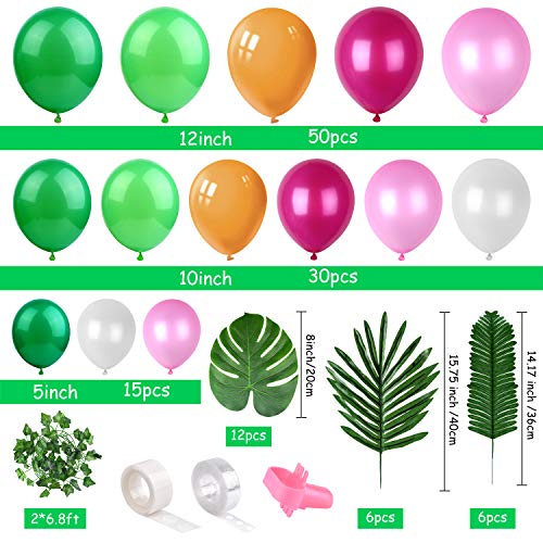 FEPITO 124Pcs Tropical Balloons Garland Kit Pink Green Balloon Arch Garland with Tropical Palm Leaves, Balloon Tape Strip, Dot Glue and Tying Tool for Tropical Party Decor, Birthday Party Supplies