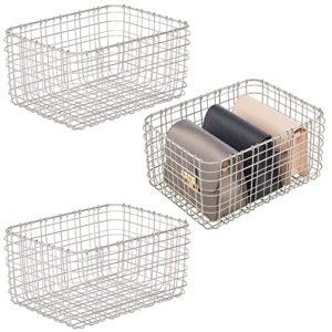 mdesign farmhouse decor metal wire storage basket bin for storage & organizing closets, shelves, and cabinets in bedrooms - holds shirts, purses, leggings, scarfs, hats - 12" x 9" - 3 pack - satin