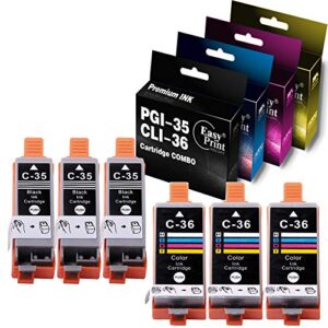 (6-pack, 3 x black + 3 x tri color) compatible pgi 35 cli 36 pgi35 cli36 ink cartridge used wtih canon pixma ip100 ip110 series printer, by easyprint