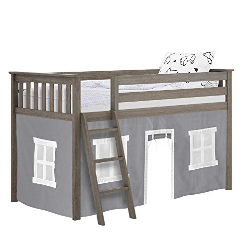 Max & Lily Low Loft Bed, Twin Bed Frame With Curtains For Bottom, Clay/Grey