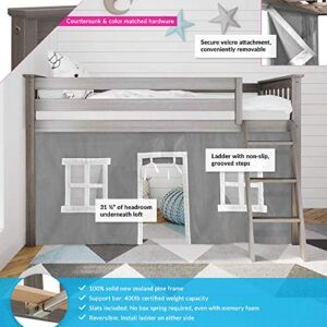 Max & Lily Low Loft Bed, Twin Bed Frame With Curtains For Bottom, Clay/Grey