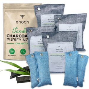 enoch bamboo charcoal air purifying bags (8 packs) activated odor moisture absorber, natural air freshener. air deodorizer dehumidifier bags for homes, cars, shoes, fridges, closets (4x200g+4x50g)