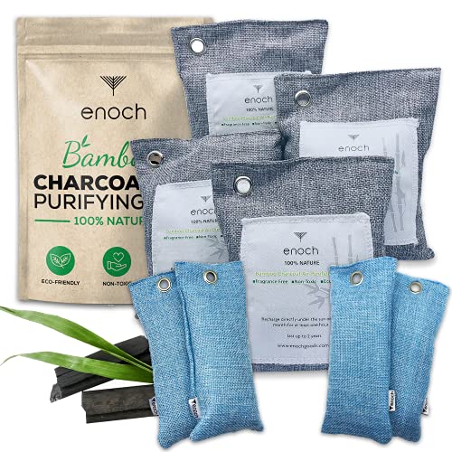 Enoch Bamboo Charcoal Air Purifying Bags (8 Packs) Activated Odor Moisture Absorber, Natural Air Freshener. Air Deodorizer Dehumidifier Bags for Homes, Cars, Shoes, Fridges, Closets (4x200g+4x50g)