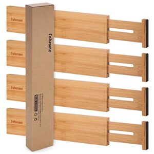 fabsome drawer divider 4 pack, adjustable bamboo drawer organizers for clothing, wooden dresser drawer organizer separator for clothes, kitchen, office, 13.25-16.75 in