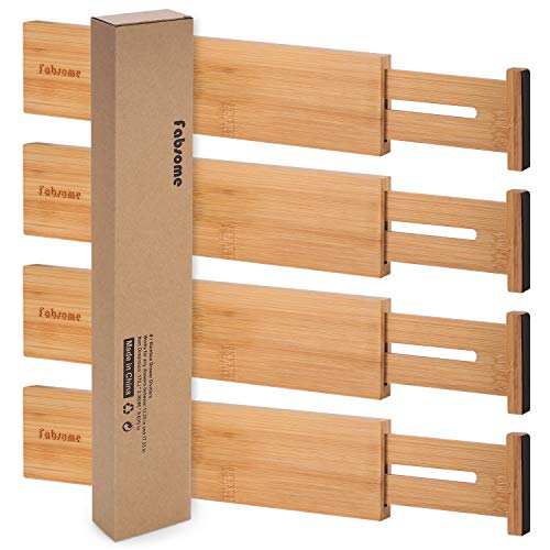 Fabsome Drawer Divider 4 Pack, Adjustable Bamboo Drawer Organizers for Clothing, Wooden Dresser Drawer Organizer Separator for Clothes, Kitchen, Office, 13.25-16.75 in