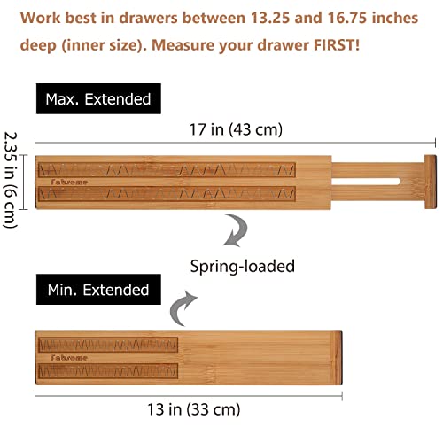 Fabsome Drawer Divider 4 Pack, Adjustable Bamboo Drawer Organizers for Clothing, Wooden Dresser Drawer Organizer Separator for Clothes, Kitchen, Office, 13.25-16.75 in