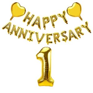 yoaokiy 1 year anniversary balloon decorations, happy 1st anniversary party supplies - gold glitter 1 year anniversary balloon banner with 2 heart foil, 1st wedding anniversary supplies decorations