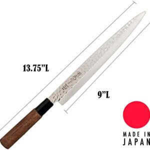 Hinomaru Collection Sekizo Japan Quality Stainless Steel Non Stick Yanagiba Sashimi Sushi Knife Chefs Knife 13.75" Itamae Sushi Chef Knife With Wooden Handle Made In Japan (Hammered Blade 13.75")