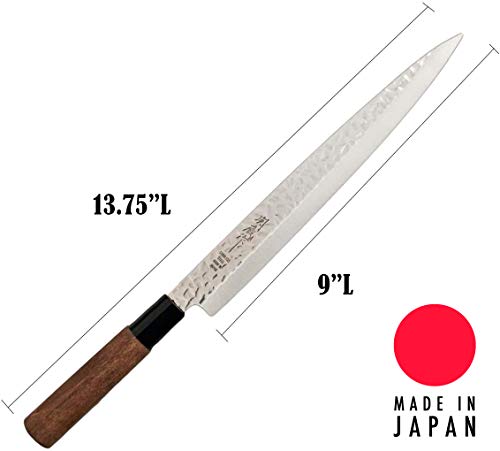 Hinomaru Collection Sekizo Japan Quality Stainless Steel Non Stick Yanagiba Sashimi Sushi Knife Chefs Knife 13.75" Itamae Sushi Chef Knife With Wooden Handle Made In Japan (Hammered Blade 13.75")