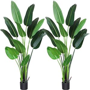 fopamtri artificial bird of paradise plant 6 feet fake palm tree with 13 trunks faux tree for indoor outdoor modern decoration feaux plants in pot for home office perfect housewarming gift,2 pack