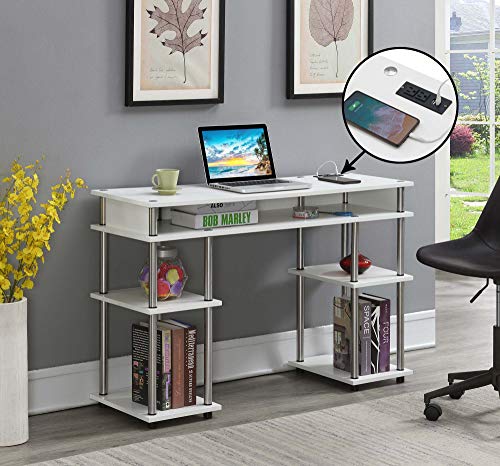 Convenience Concepts Designs2Go No Tools Student Desk with Charging Station and Shelves, White