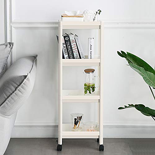 TCHANHOME Laundry Room Rolling Cart Slide Out Mobile Shelves Organizer 4 Tier Storage Utility Tower Rack Unit with Wheels for Kitchen Pantry Bathroom