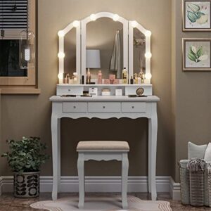 tiptiper makeup vanity with lights, vanity desk with lighted mirror and stool, vanity set with 5 drawers, 3 light settings & adjustable brightness, white