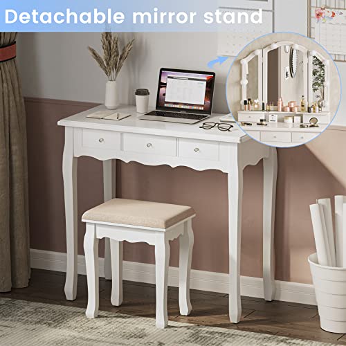 Tiptiper Makeup Vanity with Lights, Vanity Desk with Lighted Mirror and Stool, Vanity Set with 5 Drawers, 3 Light Settings & Adjustable Brightness, White