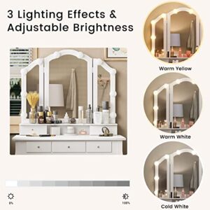 Tiptiper Makeup Vanity with Lights, Vanity Desk with Lighted Mirror and Stool, Vanity Set with 5 Drawers, 3 Light Settings & Adjustable Brightness, White