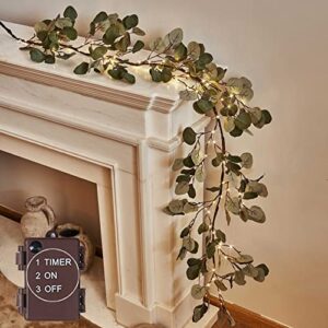 litbloom lighted eucalyptus garland battery operated with timer 6ft 96 led artificial greenery twig vine lights for room stairs mantle wedding holiday decoration indoor outdoor