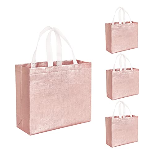 NatuBeau 12 PCS Glossy Reusable Grocery Shopping Bags Stylish Tote Bags with Handle Non-woven Gift Bags Bridesmaids Bags Goodies Bag for Women Bridesmaid Birthday Party Wedding Christmas (Rose Gold)