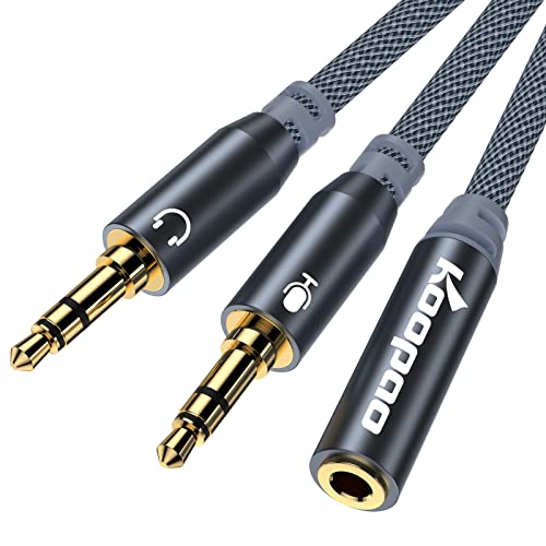 KOOPAO 3.5mm Splitter Headphone Mic Cable, Headset 3.5mm Female to 2 Dual Male Microphone Auido Stereo Jack Earphones Port to Gaming Speaker PC Adapter