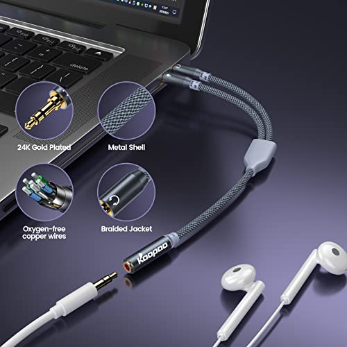 KOOPAO 3.5mm Splitter Headphone Mic Cable, Headset 3.5mm Female to 2 Dual Male Microphone Auido Stereo Jack Earphones Port to Gaming Speaker PC Adapter