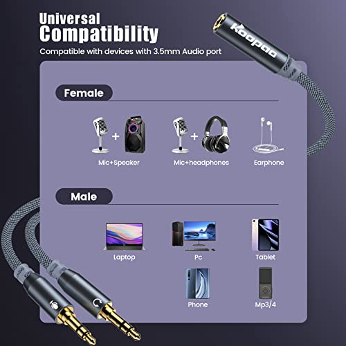 KOOPAO 3.5mm Splitter Headphone Mic Cable, Headset 3.5mm Female to 2 Dual Male Microphone Auido Stereo Jack Earphones Port to Gaming Speaker PC Adapter