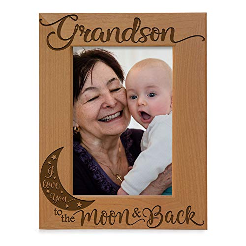 KATE POSH Grandson I Love You to The Moon and Back Engraved Wood Picture Frame, Grandma Grandpa Gifts, Christmas, Birthday, Mother's Day, Father's Day (4x6 Vertical)