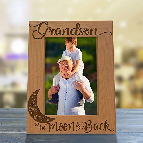 KATE POSH Grandson I Love You to The Moon and Back Engraved Wood Picture Frame, Grandma Grandpa Gifts, Christmas, Birthday, Mother's Day, Father's Day (4x6 Vertical)