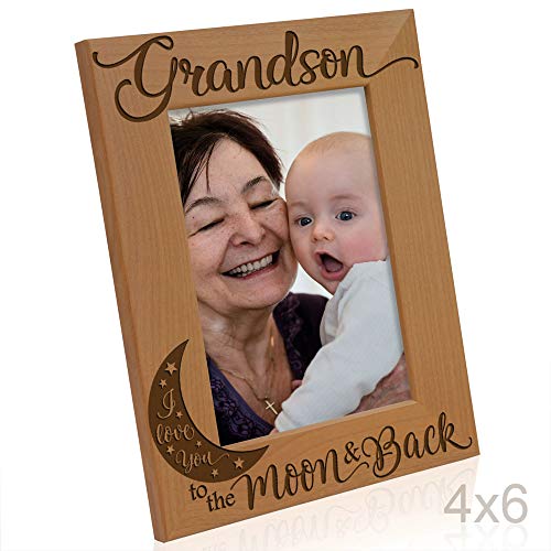 KATE POSH Grandson I Love You to The Moon and Back Engraved Wood Picture Frame, Grandma Grandpa Gifts, Christmas, Birthday, Mother's Day, Father's Day (4x6 Vertical)