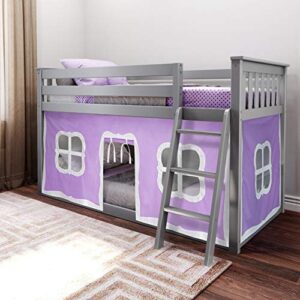 max & lily low bunk bed, twin-over-twin bed frame for kids with curtains for bottom, grey/purple