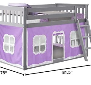 Max & Lily Low Bunk Bed, Twin-Over-Twin Bed Frame For Kids With Curtains For Bottom, Grey/Purple