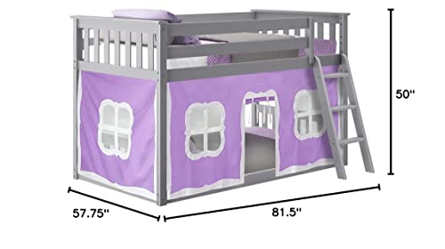 Max & Lily Low Bunk Bed, Twin-Over-Twin Bed Frame For Kids With Curtains For Bottom, Grey/Purple